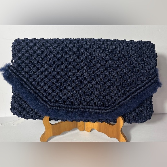 Vintage Blue Macrame Clutch with flap and velcro - Picture 1 of 9